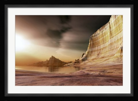 Framed sun shines down upon a lake near the mountains Print