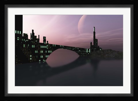 Framed City Relection in Calm Waters of Another Galaxy Print