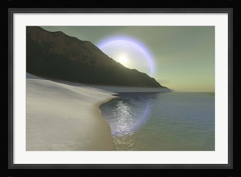 Framed halo surrouds the sun over this white sand beach Print