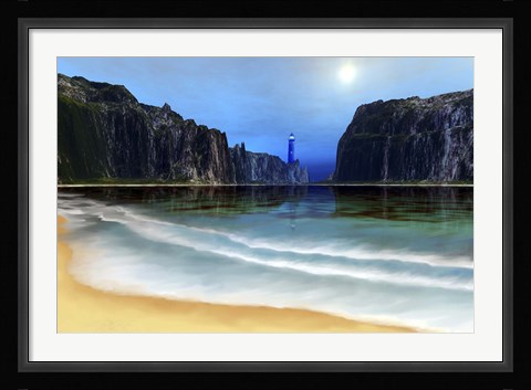 Framed lighthouse guards this beautiful cove Print