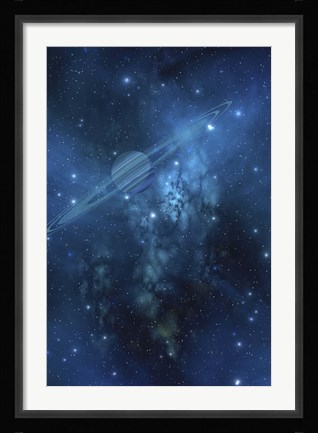 Framed ringed planet orbits near a beautiful nebula in space Print