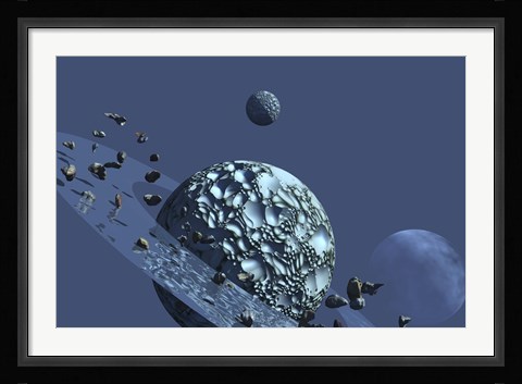 Framed ringed rocky planet has many asteroids in orbit Print