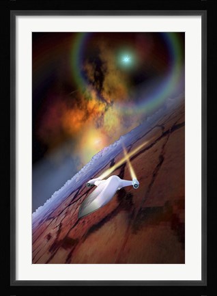 Framed spacecraft flys over another world Print