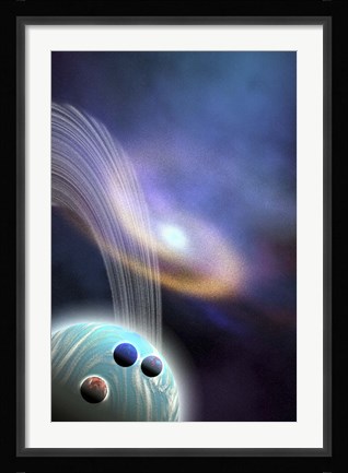 Framed spiral galaxy is near this ringed planet and its moons Print