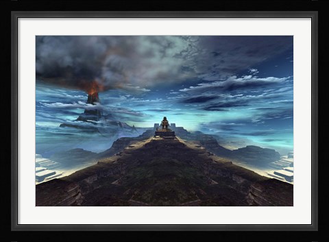 Framed volcano erupts near an ancient Mayan temple Print