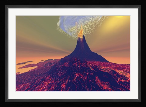 Framed volcano erupts with smoke, fire and lava Print
