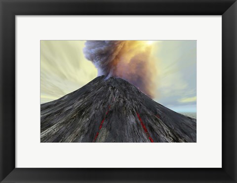 Framed active volcano belches smoke and ash into the sky Print