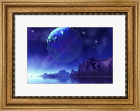 Framed Cosmic seascape on another world with a ringed planet in the night sky Print