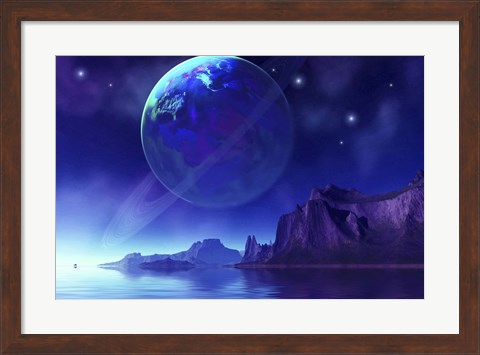 Framed Cosmic seascape on another world with a ringed planet in the night sky Print