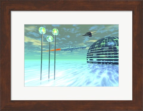 Framed Life under domes on an alien waterworld Print