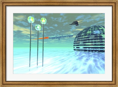 Framed Life under domes on an alien waterworld Print