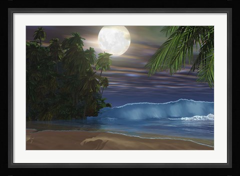 Framed Moonlight shines down on the beach during the night of a full moon Print