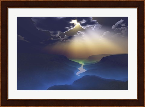 Framed Morning mist surrounds the mountains of this beautiful valley Print