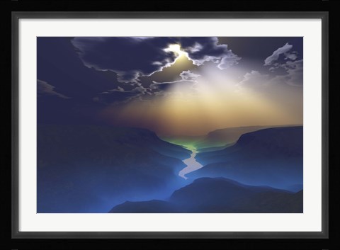 Framed Morning mist surrounds the mountains of this beautiful valley Print