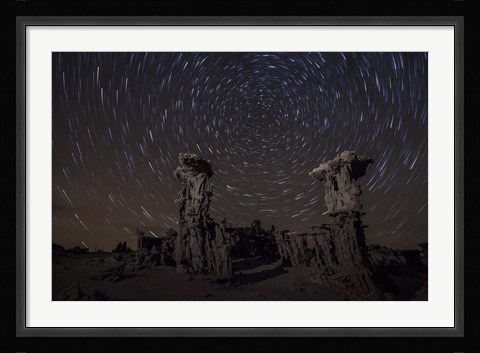Framed Star trails above sand tufa formations at Mono Lake, California Print