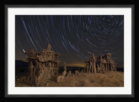 Framed Star trails and intricate sand tufa formations at Mono Lake, California Print