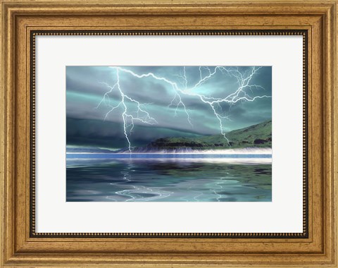 Framed Thunderclouds and lightning move over the mountains and a nearby lake Print