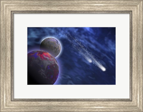 Framed Two comets stream past a planet and its moon Print
