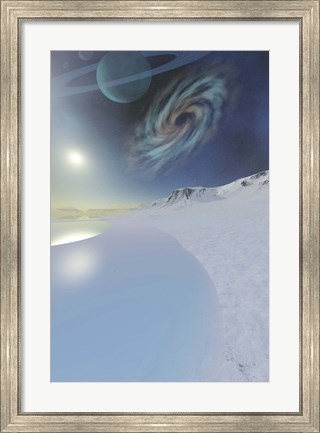 Framed Wintery seascape of an ice world Print