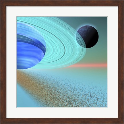 Framed asteroid field orbits near a planet and moon in the cosmos Print