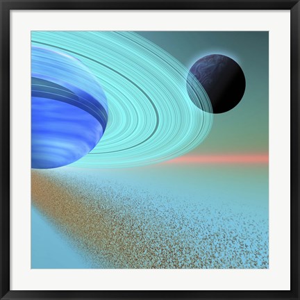 Framed asteroid field orbits near a planet and moon in the cosmos Print