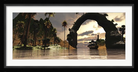 Framed ship sails under the entrance to a beautiful valley Print