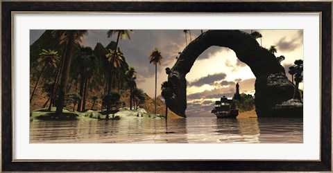 Framed ship sails under the entrance to a beautiful valley Print
