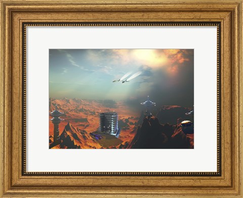 Framed Two aircraft fly over an enemy base of operations Print
