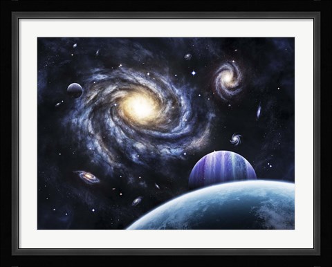 Framed view to a nearby galaxy from a gas giant and it's system of moons Print