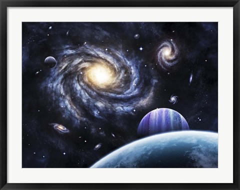 Framed view to a nearby galaxy from a gas giant and it's system of moons Print