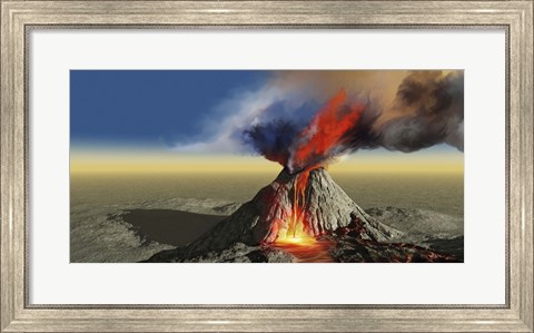 Framed active volcano belches smoke and molten red lava in an eruption Print