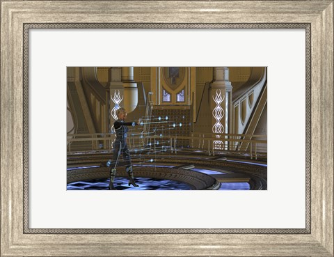 Framed woman in military uniform using a holographic control center Print