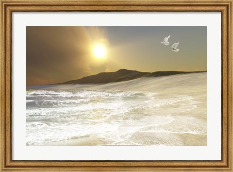Framed Two white doves fly over waves coming to shore on a remote beach Print
