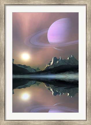 Framed planet Saturn lights up the sky of one of its moons called Titan Print