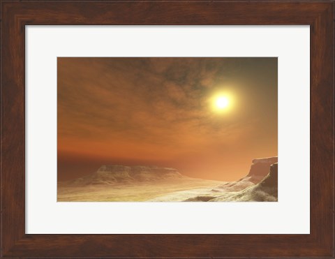 Framed Landscape scene of three mesa tabletop mountains in a wilderness area Print