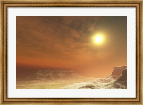 Framed Landscape scene of three mesa tabletop mountains in a wilderness area Print