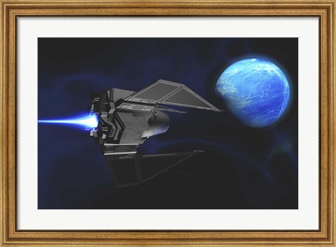 Framed small spacecraft from Earth reaches a water planet after many light years Print