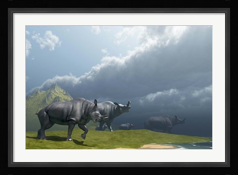Framed herd of Brontotherium dinosaurs come to the lake to drink Print