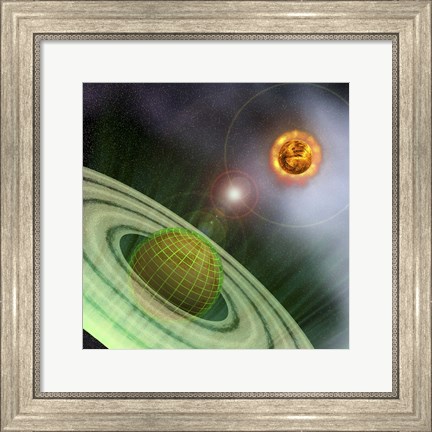 Framed planet in the future is surrounded by a protective grid system Print