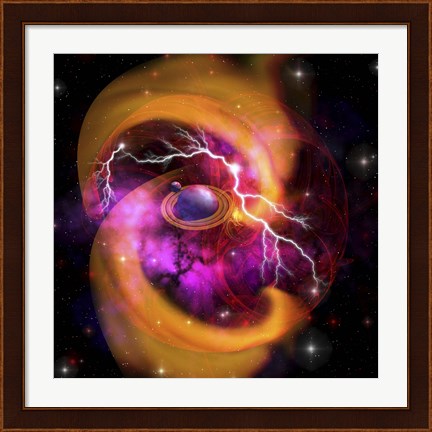 Framed Evolution of planet building with surrounding cosmic dust and electrical charges Print