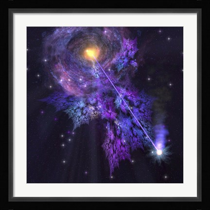Framed shooting star radiates out from a black hole in the center of a galaxy Print