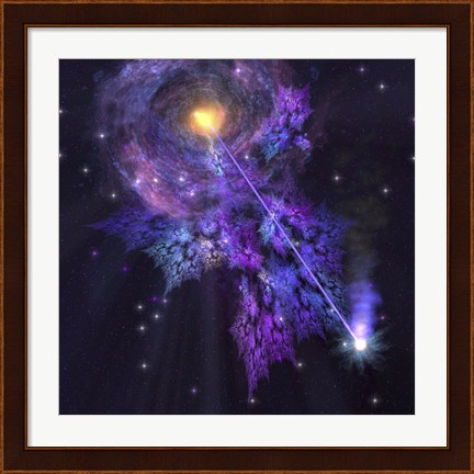 Framed shooting star radiates out from a black hole in the center of a galaxy Print