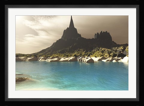 Framed mountain spire overlooking the turquoise waters of a sea inlet Print