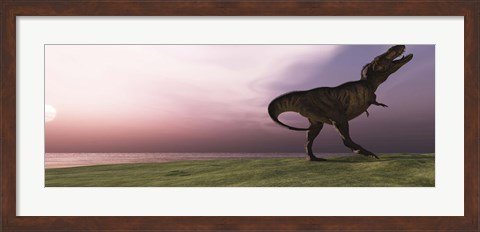 Framed Tyrannosaurus Rex dinosaur roars his defiance on an oceanside bluff Print