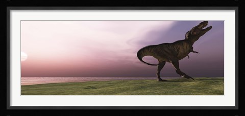 Framed Tyrannosaurus Rex dinosaur roars his defiance on an oceanside bluff Print