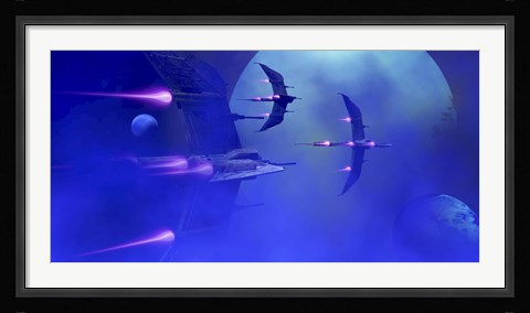 Framed Starships blast past a blue planet and its moons Print