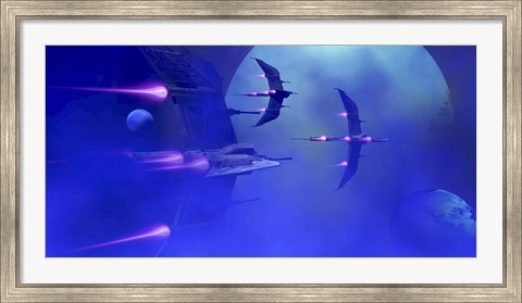 Framed Starships blast past a blue planet and its moons Print