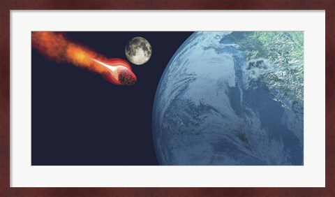 Framed Earth is about to be hit by an unknown white hot asteroid Print