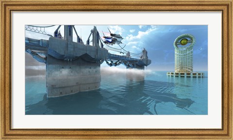 Framed spaceship takes off from a skyway on an alien planet Print