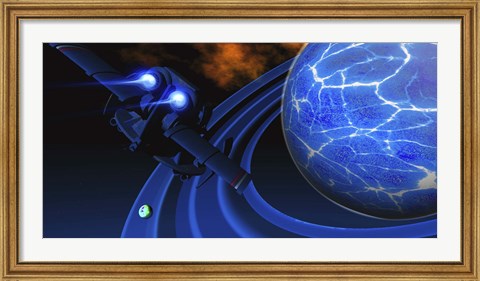 Framed spacecraft flies near an ice planet and its rings Print